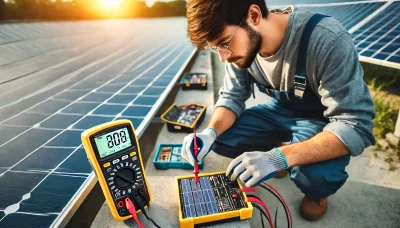 DALL·E 2024-10-17 22.49.51 - An image of a technician using electrical measuring instruments, like a multimeter, on a solar panel setup. The scene takes place outdoors on a sunny